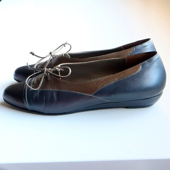 Amalfi Bronze & Grey Leather Cap Toe Low Wedge Heel Lace-up Shoes Size 7 - Picture 10 of 16